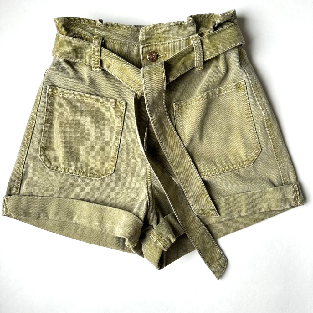 Zara Green Denim Paperbag Rolled Hem High Waisted Shorts w/ Belt-Womens Size 2-S
